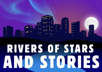Logo for Rivers of Stars and Stories with the Moon and Northern Lights in the skies above a cityscape with a river flowing by.