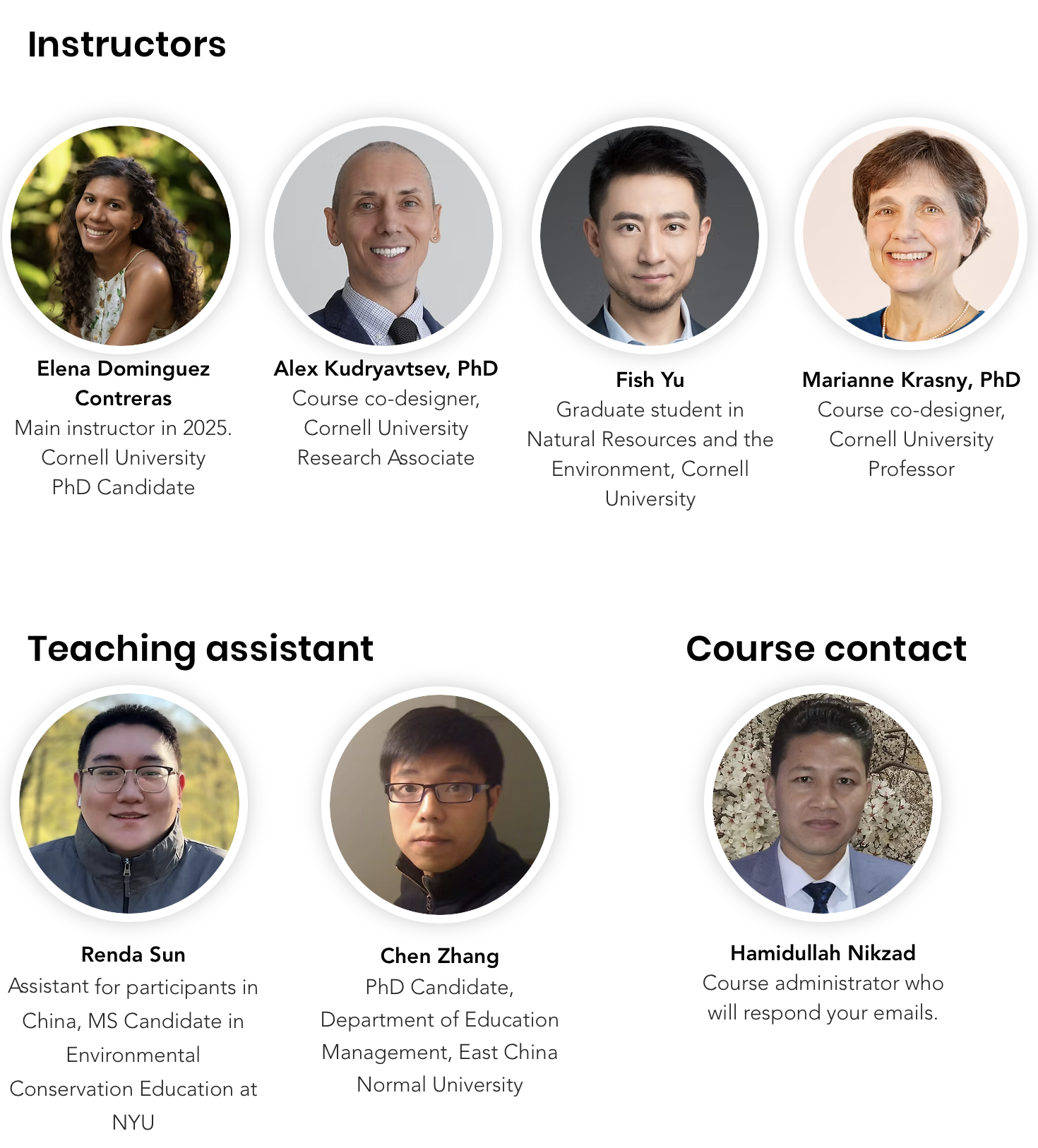 Seven E-STEM Education instructors and TAs are shown with names and positions