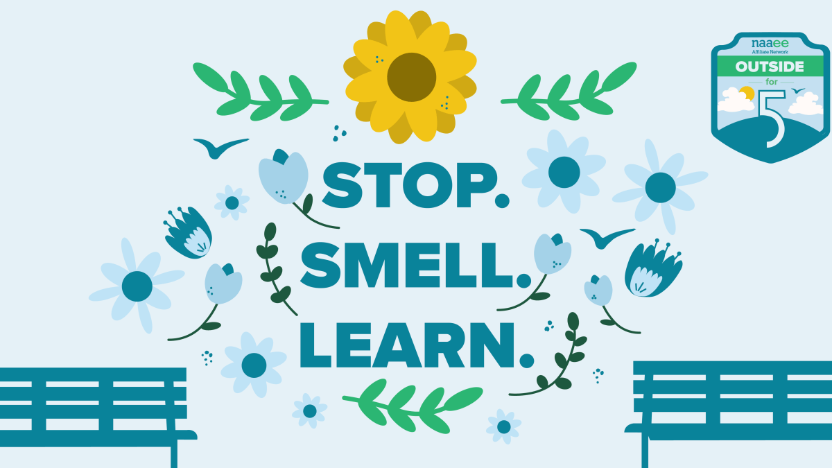 Light blue graphic with illustrations of two blue benches, flowers and leaves in the center. Bold, blue text in the middle states, "Stop. Smell. Learn." The Outside for 5 badge is displayed at the top right corner.
