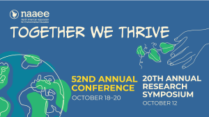Sketch illustrations of Earth on the bottom left and a hand with a leaf on the top right against a blue background. The NAAEE logo on the top left next to text that says, "Together We Thrive." Bottom text says "52nd Annual Conference. 20th Annual Research Symposium"