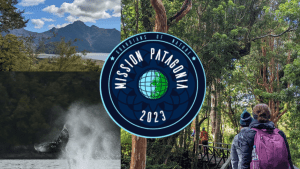 A flyer with three pictures, one of moutains and sky framed by trees, one of a humbpack whale tale emerging from the water, and one of people exploring through a rainforest. The bottom includes logos for AUI, Mission Patagonia 2023, and Fundacion MERI