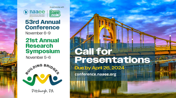 A lit bridge against a sunset sky with white overlay rectangle on the left with the NAAEE and PAEE logos at the top and text underneath that says, "53rd Annual Conference. November 6–9. 21st Annual Research Symposium November 5–6." Under the text is the words "Building Bridges" in an arc. Below that is an icon of three human figures holding hands, with arms outstrecthed. "Pittsburgh, PA" is at the bottom. To the right, "Call for Presentations. Due by April 26, 2024. conference dot naaee dot org"