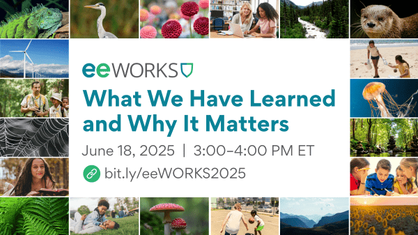 Multiple images represent our relationship with the environment, including wind turbines, kids playing in the grass, a various living creatures. Text says "eeWORKS: What We Have Learned and Why It Matters.""
