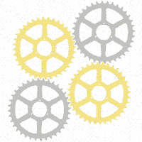 Four gray and yellow gears merging into one