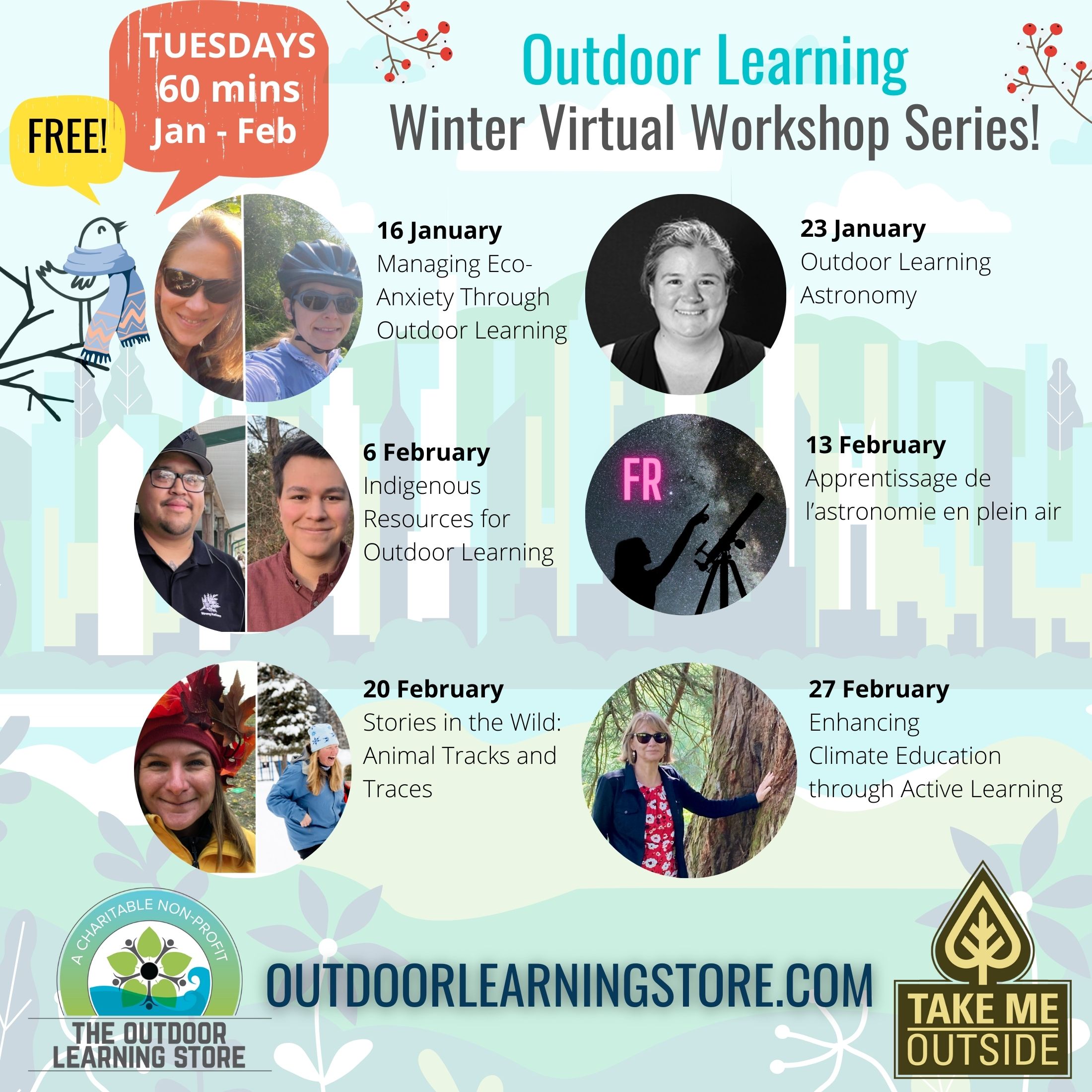 Flyer with wintery illustrations and photos of presenters for six workshops