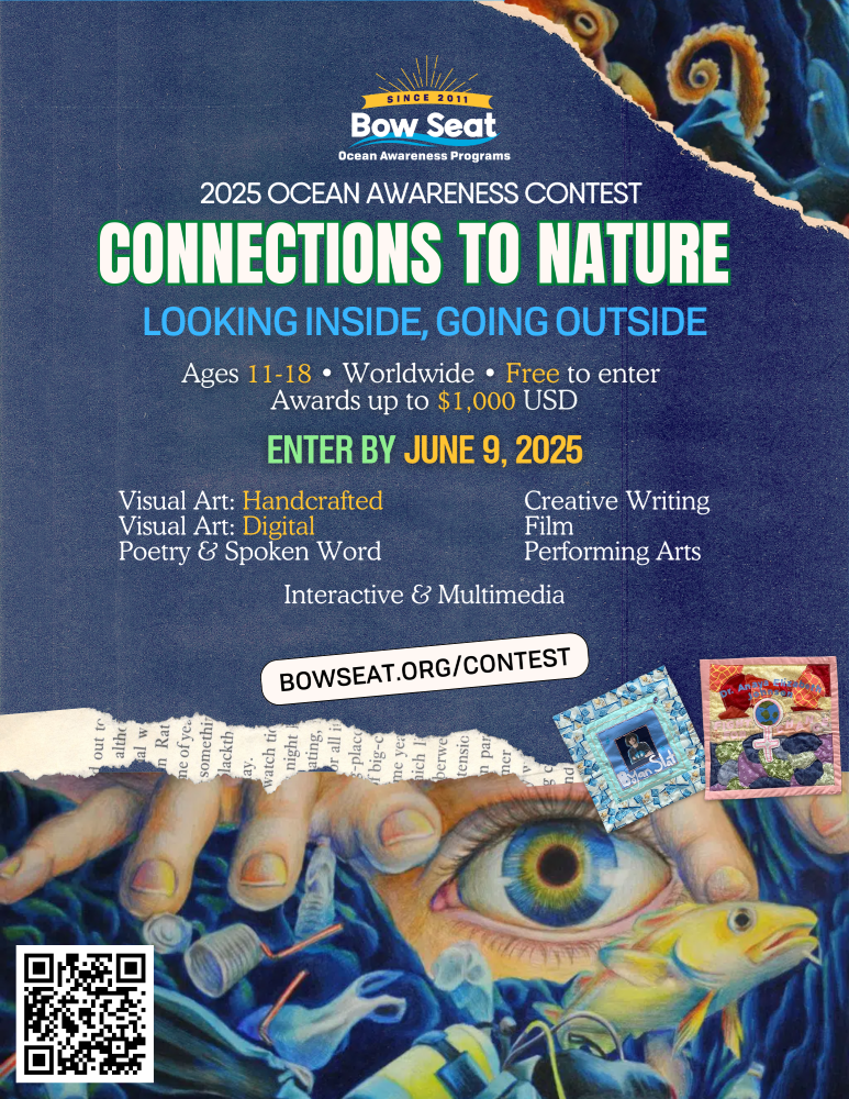 2025 Contest flyer. A blue background with the words "Connections to Nature: Looking Inside, Going Outside" centered at the top.