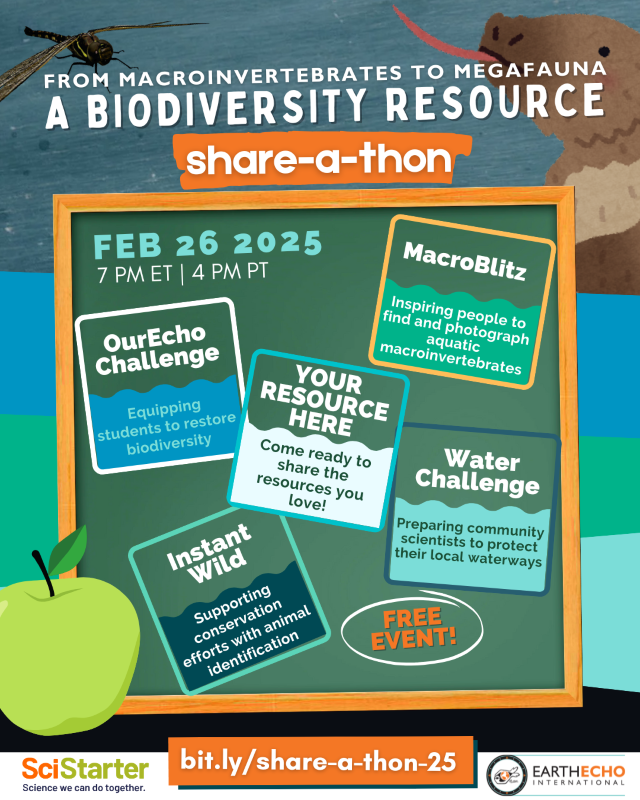 Flyer for a Biodiversity Share-a-Thon to be held on February 26 at 7 pm ET. A chalkboard contains topics such as "MarcoBlitz," "OurEcho Challenge," "Water Challenge," and "Instant Wild." The image encourages participants to bring their favorite biodiversity resources to share.