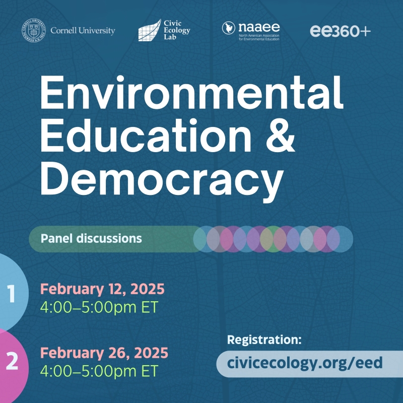 Flyer for Environmental Education & Democracy webinar; top features logos for Cornell University, Civic Ecology Lab, NAAEE, ee360+