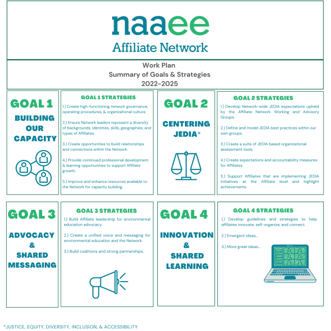 An infographic breakdown of the 4 Affiliate Network Work Plan Goals