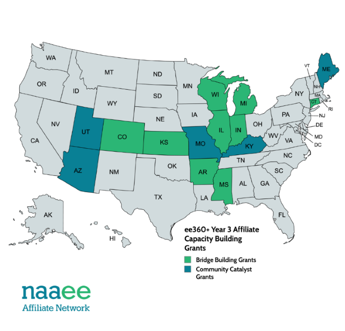 a map depicting the NAAEE Affiliate Network Grant awardees from ee360+