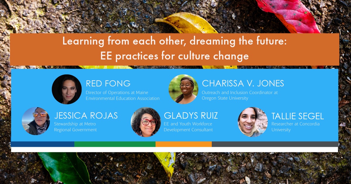 Graphic with light orange title text at the top that reads, "Learning from each other, dreaming the future: EE practices for culture change." Five portraits of speakers, Red Fong, Charissa V. Jones, Jessica Rojas, Gladys Ruiz, and Tallie Segel.