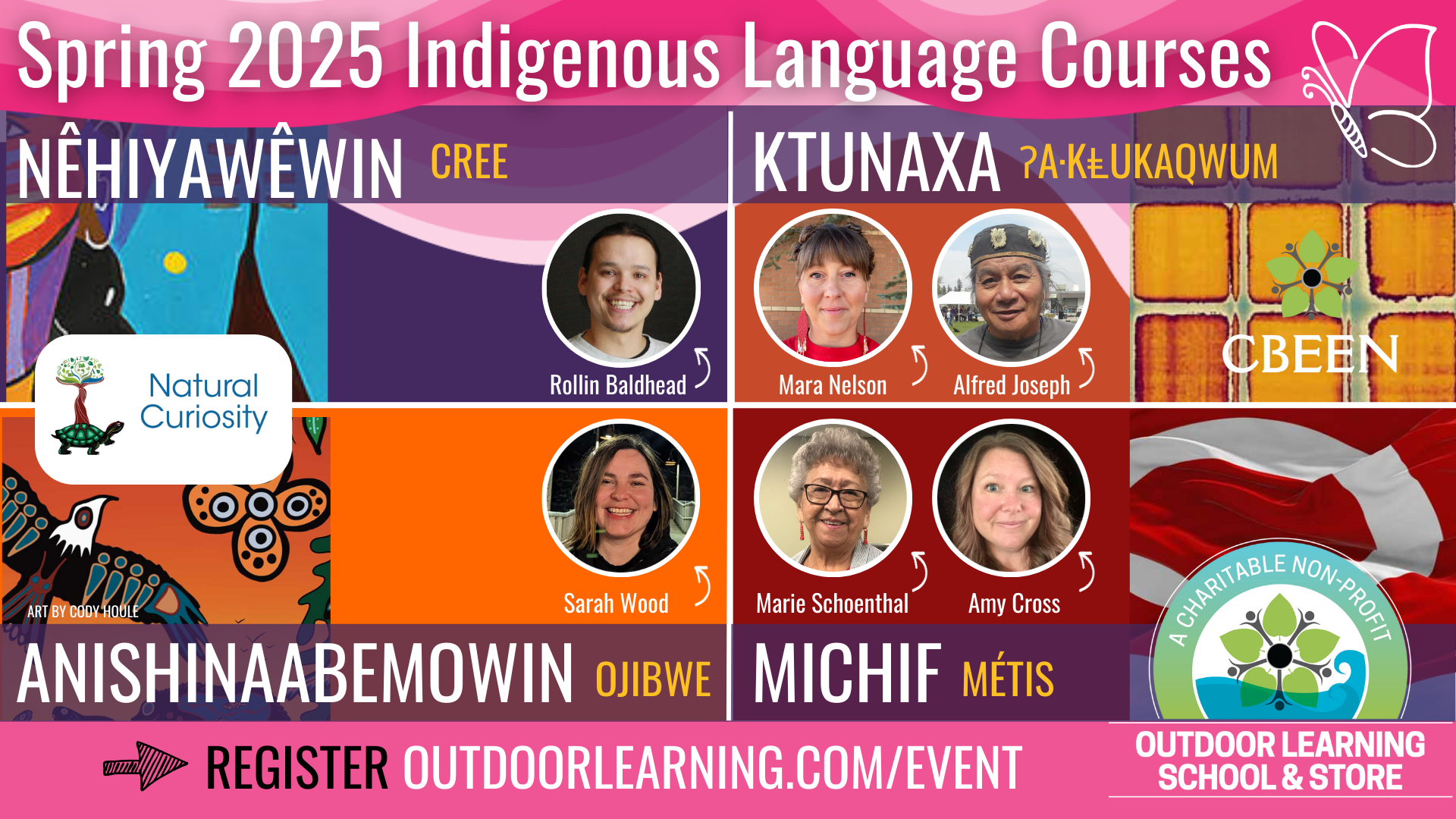 Banner with text that reads "Spring 2025 Indigenous Language Courses" with instructors pictured below