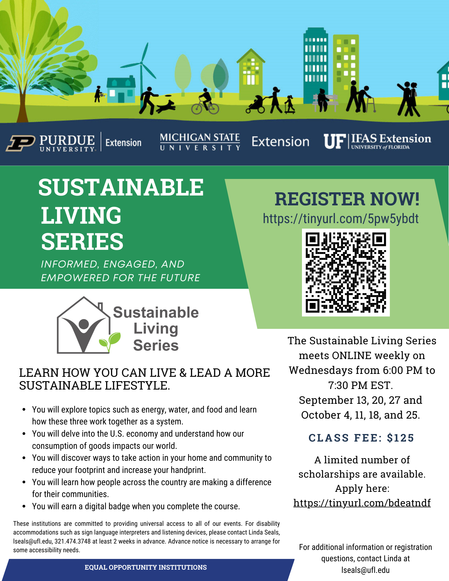Flyer with an illustration of a sustainable neighborhood and text that reads, "Sustainable Living Series. Register Now!"