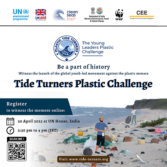 Graphic with bold text in the middle, "The Young Leaders Plastic Challenge. Be a part of history. Witness the launch of the global youth-led movement against the plastic menace. Tide Turners Plastic Challenge. Register to witness the moment online: 20 April 2023 at UN House, India. 2:30 pm to 4 pm (IST). Visit: www.tide-turners.org." In the background is an illustraation of two people at a beach cleaning up plastic debris.