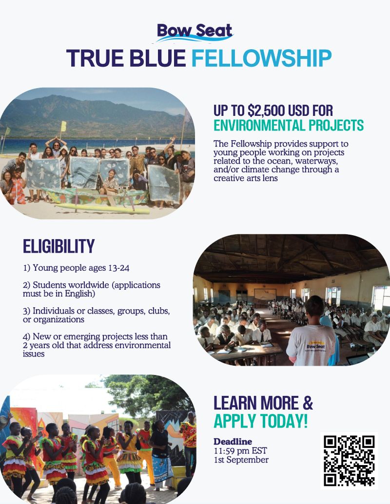 Poster for Bow Seat's True Blue Fellowship, features images of fellows on a beach, in a classroom, and outdoors with others