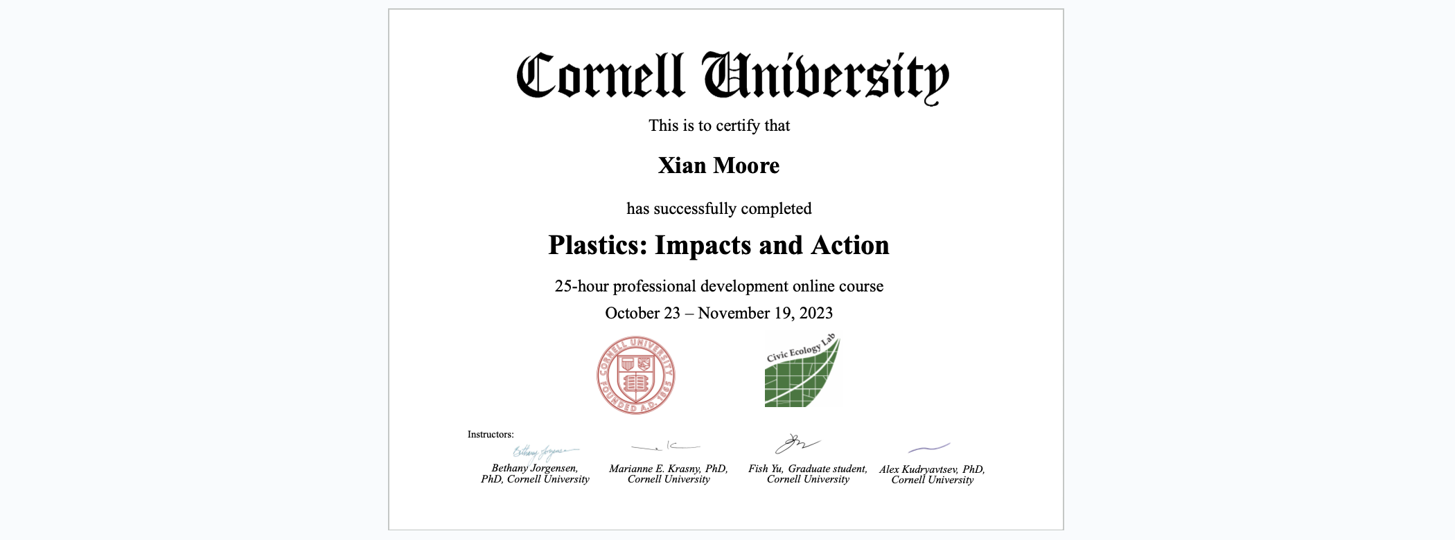 Cornell University Civic Ecology Lab Certificate