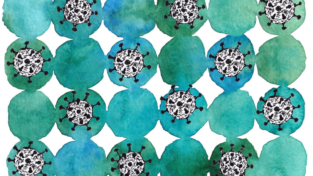 Watercolor illustration of a grid of blue circles and black and white virus