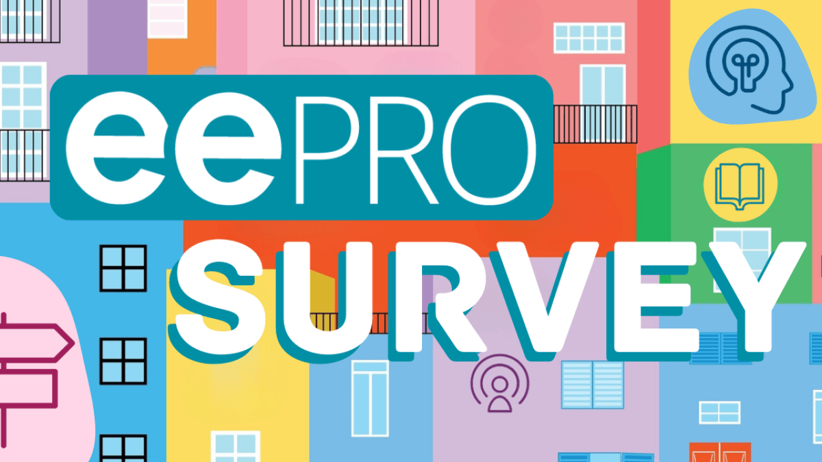 Colorful illustration of building fronts with bold text centered, "eePRO Survey"
