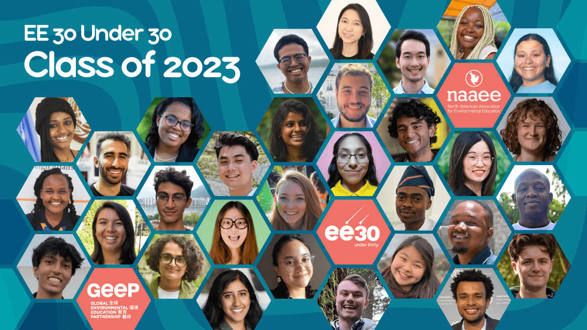 Swirly blue background with hexagonal framed photos of awardees with bold white text on the upper left corner, "EE 30 Under 30 Class of 2023"