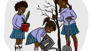Illustration of three young Black girls planting a tree