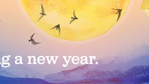 watercolor of birds flying by sun, "Welcoming a new year" text