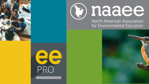 grid image of green, blue, yellow boxes, and eePRO and NAAEE logos, and image of a kingfisher and image of people sitting around a table with books
