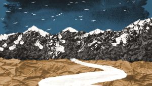 Collage of meandering white path leading to mountains. Dark blue sky, flock of birds above. 