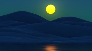 Illustration of hills near a body of water that's reflecting the moonlight