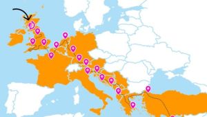 Illustration of European and North African countries with pink trail markers dotted, starting from Scotland and criscrossing its way down and to the right to Egypt