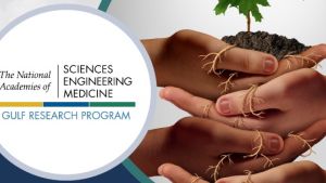 Two overlapping hands holding tree in dirt with roots sticking out. "The National Academies of Sciences Engineering Medicine, Gulf Research Program"