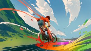 Illustration of young person on bicycle in a hilly landscape, paint splatters exploding from behind.
