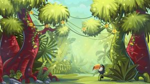 video game illustration of forest and toucan