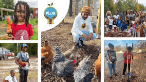 A grid of images shows people of all ages farming and working together at The PLUG Farm in Petersburg, Virginia.