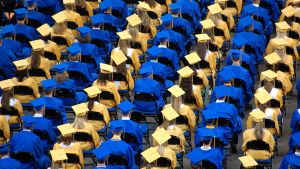 Seated graduates wearing blue and pale yellow caps and gowns