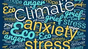 A word cloud filled with white, yellow, and blue text that says a range of words related to eco-grief, like "climate, anxiety, stress, eco, anger, hope, grief."