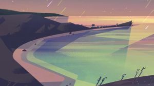 CalArts-style illustration of a beach and hill at dusk