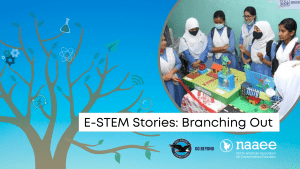 Illustration of a tree with text that reads, "E-STEM Stories: Branching Out."