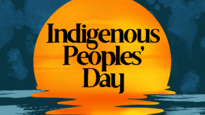 An orange sun sets on a watercolor horizon. "Indigenous Peoples' Day" in black text