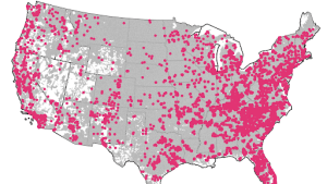 Map of continental U.S. in grey with pink dots scattered across the states