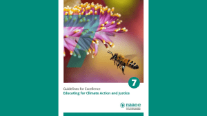 a teal background with the cover of the new NAAEE Climate Action & Justice Guidelines