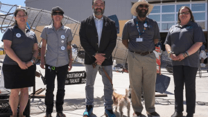 Group photo: Left to Right, Vanessa Barela, Therese Baca-Radler, Dr. Arsenio Romero (NMPED Secretary of Education), Shafiq Chaudhary, and Patricia Gharrity at Earth Day Festival in New Mexico