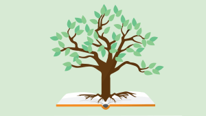 Illustration of a tree with green leaves emerging from an open book