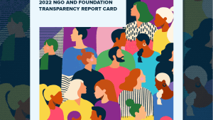 2-D illustration of people in colorful clothing facing either left or right and in the front is a light blue rectancle with text in the middle that says, "Green 2.0. 2022 NGO and Foundation Transparency Report Card"