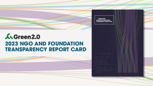 Multi-color strands weave across the background. A white horizontal bar spans the width of the graphic with overlay text that reads, "Green 2.0 2023 NGO and Foundation Transparency Report Card" and a report cover with the same text as the title,lies to the right of the text