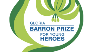 Green outline of a flower with blue text in the middle that says, "Gloria Barron Prize for Young Heroes." The blue text at the bottom of the flower logo says, "Apply Today"
