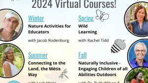 Light blue-orange gradient background with words that read, "Outdoor Learning 2024 Virtual Courses! Winter - Nature Activities for Educators. Spring - Wild Learning. Summer - Connecting to the Land, the Métis Way. Fall - Naturally Inclusive - Engaging Children of all Abilities Outdoors"