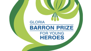 Green illustration of an orchid surrounding blue text that reads, "Gloria Barron Prize for Young Heroes." Under the illustration is text that says, "Apply Today!"