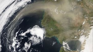 Satellite photo of Saharan dust over the Iberian Peninsula.. PC: NASA/Goddard/Jeff Schmaltz/MODIS Land Rapid Response Team