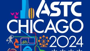 A dark blue background with Chicago- and science-related icons reads "ASTC Chicago 2024, Association of Science and Technology Centers"