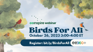 Watercolor trees with birds and the text "eeWEBINAR; Birds for All"